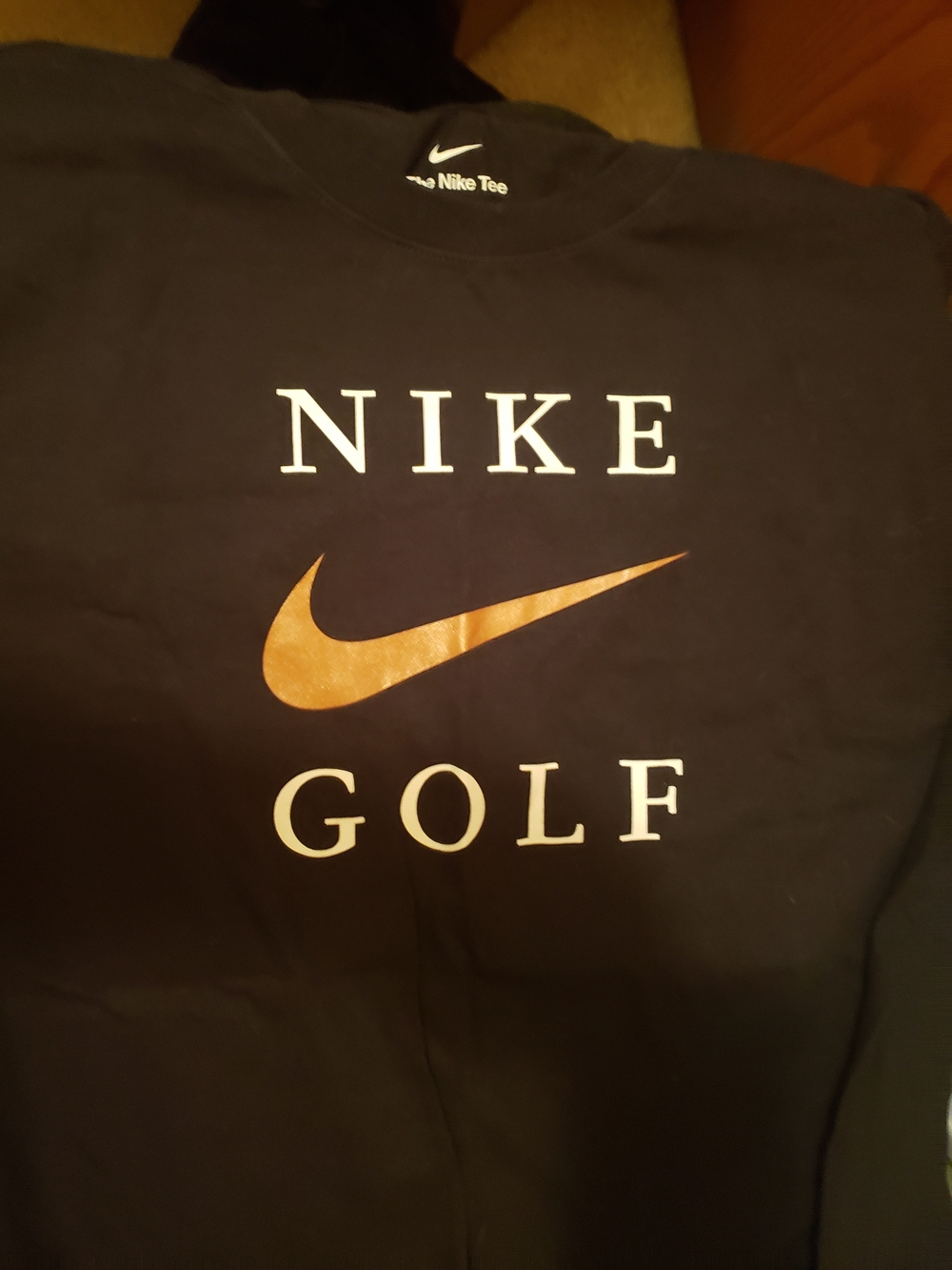 New XL Golf Nike Black Sweatshirt with Metallic Gold Swoosh and White Lettering